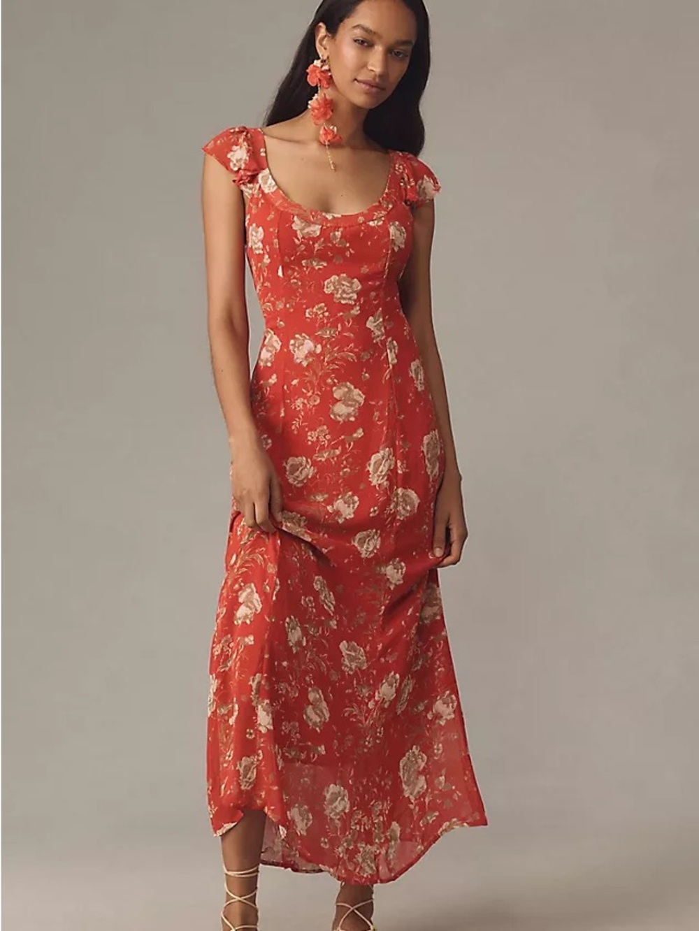 Anthropologie Scoop Neck A Line Slip Maxi Dress Red Cream Rose Floral Size 6